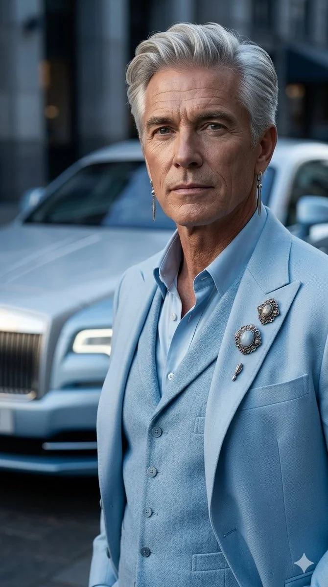 Sky-Blue Couture Portrait of a Silver-Haired Icon