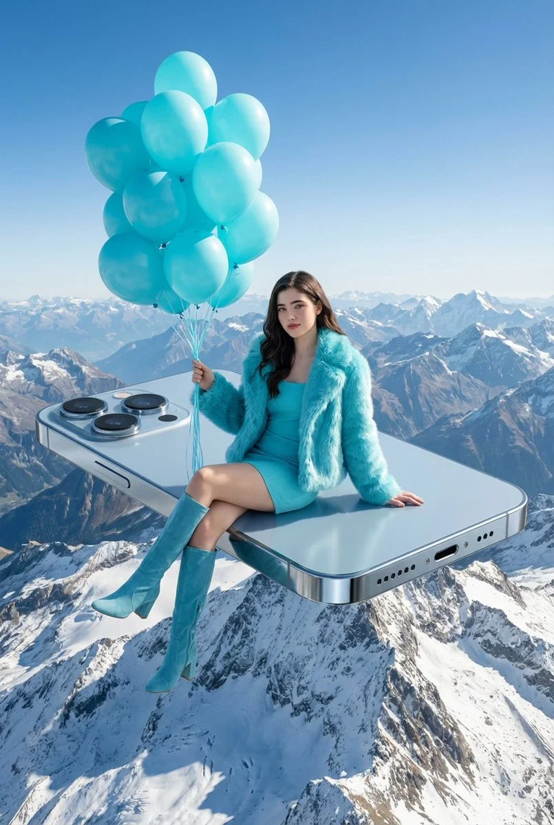 Sky-High Chic: Floating Smartphone & Snowy Peaks