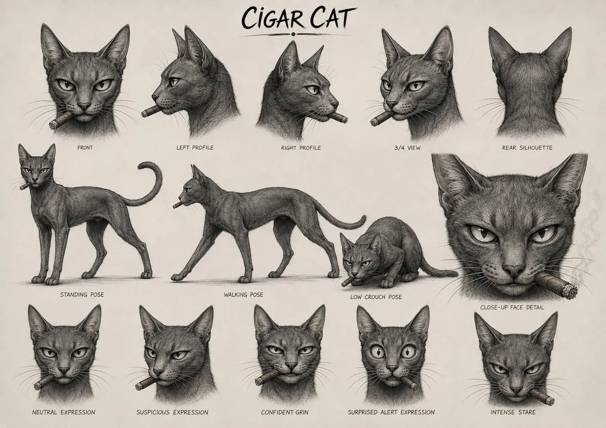 Sleek anti hero cat smokes cigar in cinematic character sheet