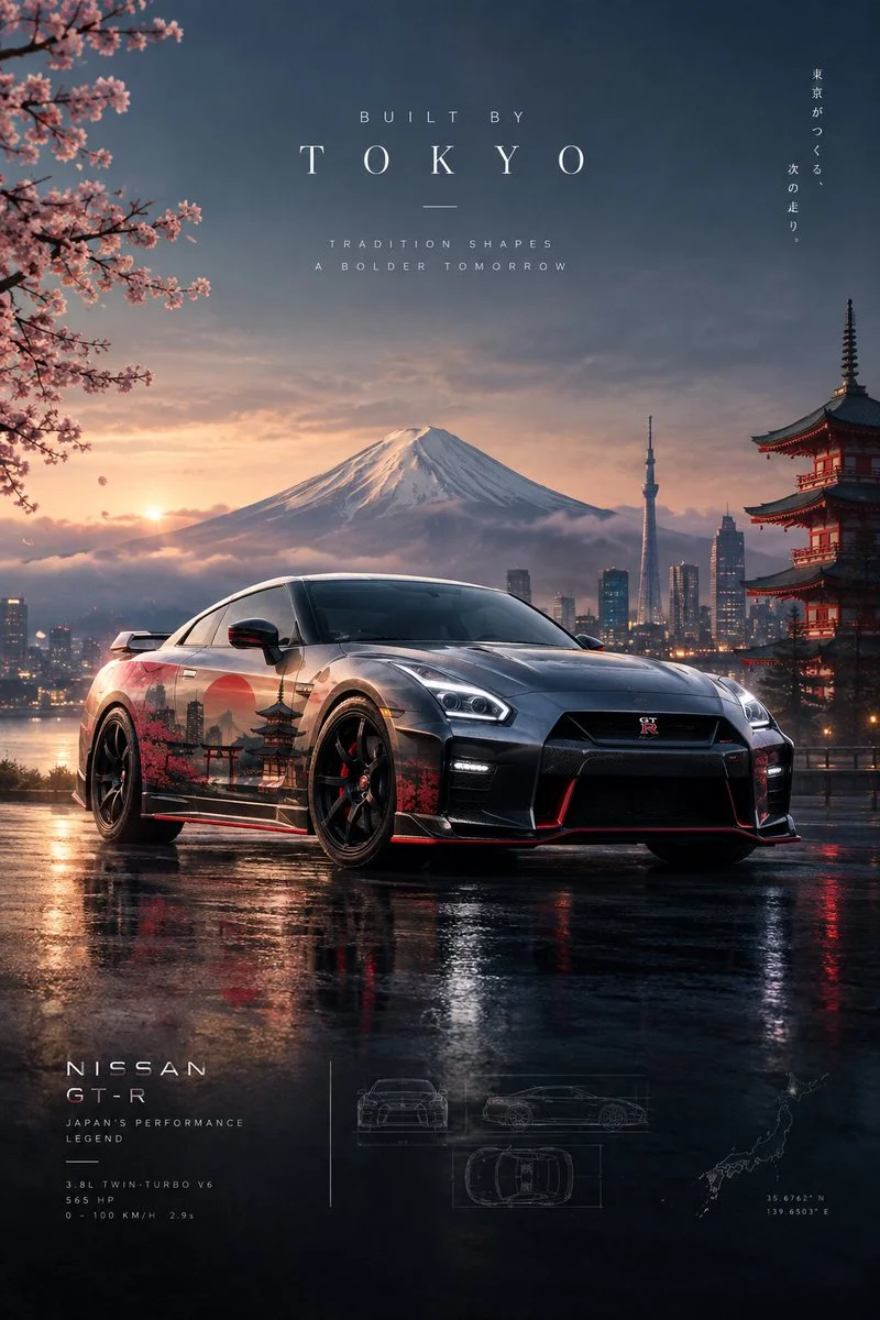 Sleek car emerges from Tokyo's neon-lit wet asphalt reflections