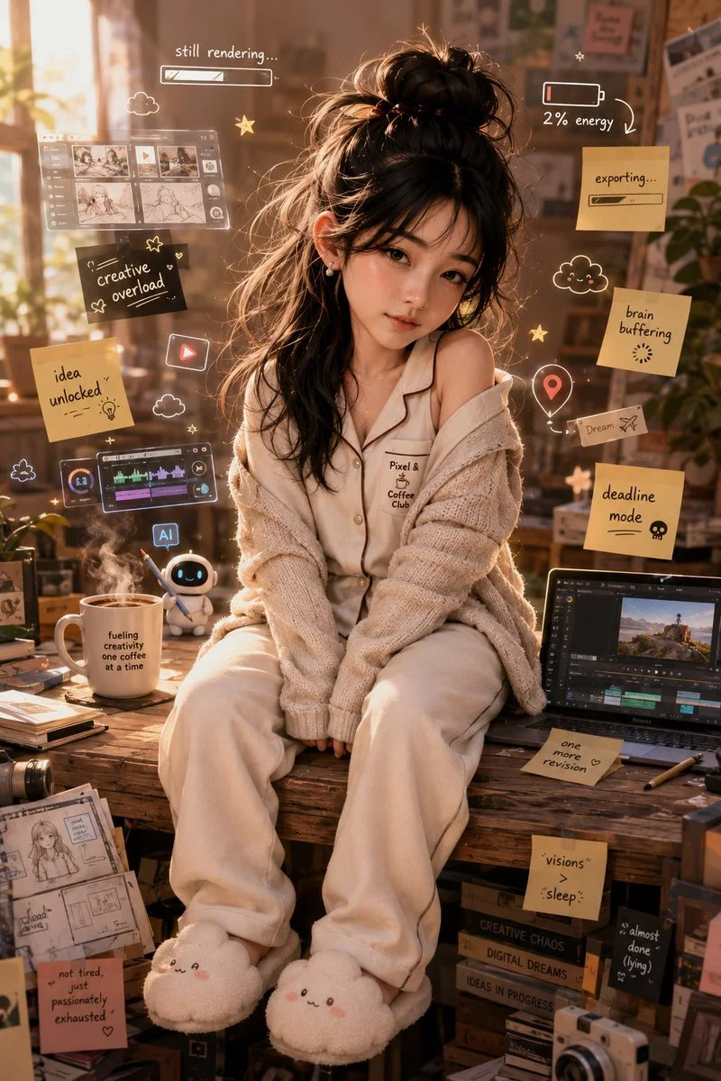Sleepy chibi creator in cozy studio basks in warm sunrise light