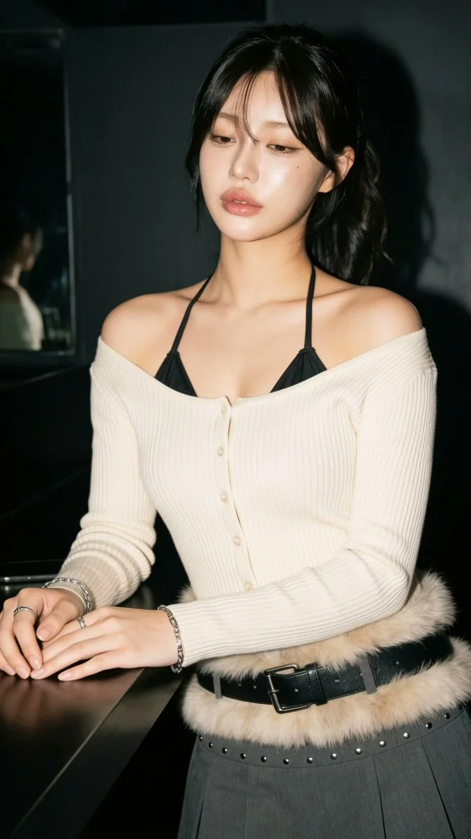 Sleepy-eyed woman in cream cardigan leans on bar at night