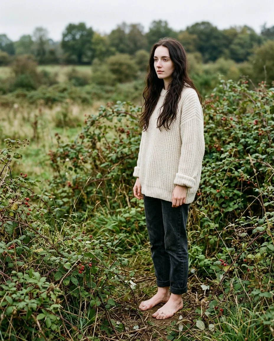 Slender woman in white sweater stands barefoot amid brambles