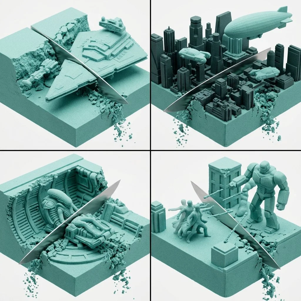Slicing Kinetic Sand in Sci-Fi: A Visual Mashup