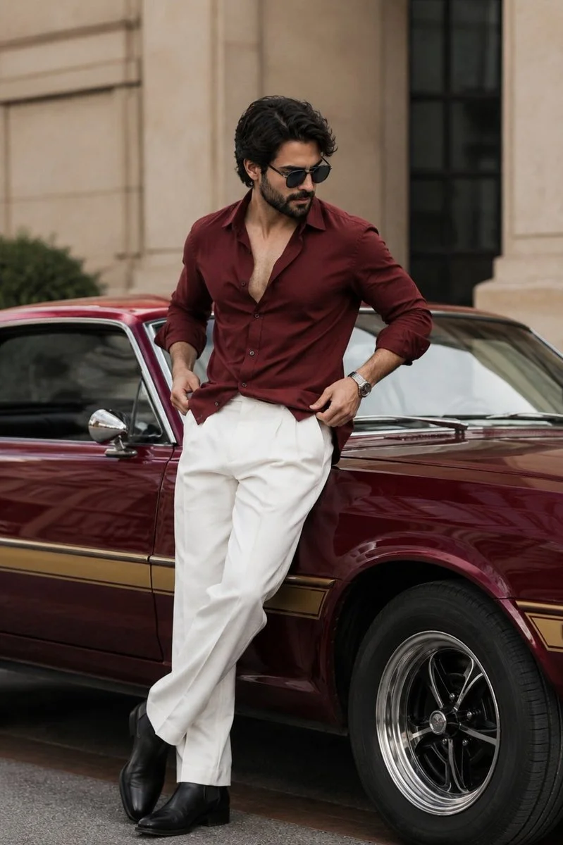 Slim fit fashion meets automotive elegance in this portrait