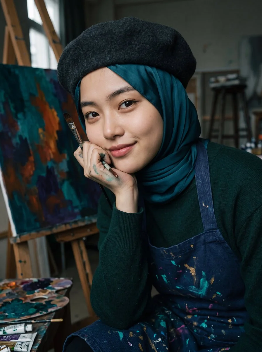 Smiling artist in teal hijab and beret rests chin in studio