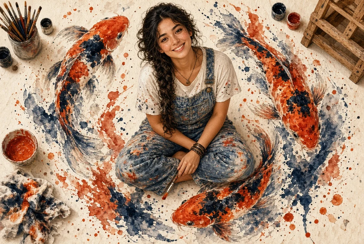 Smiling artist sits among swirling painted koi on studio floor