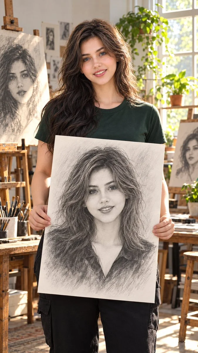 Smiling Woman Holds Pencil Portrait in Bright Artist Studio