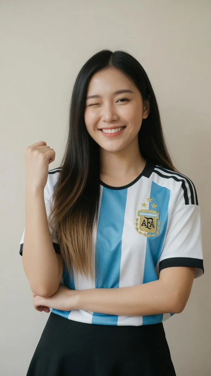 Smiling woman in Argentina football jersey poses with playful wink