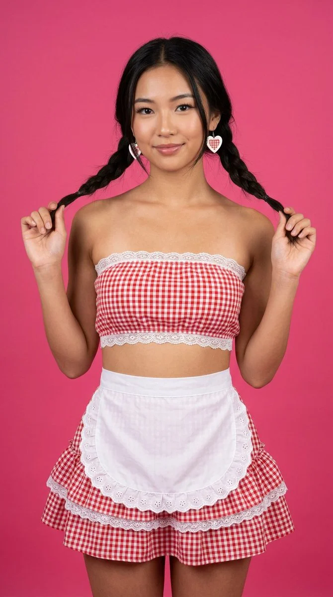 Smiling woman in gingham outfit poses against vibrant pink backdrop