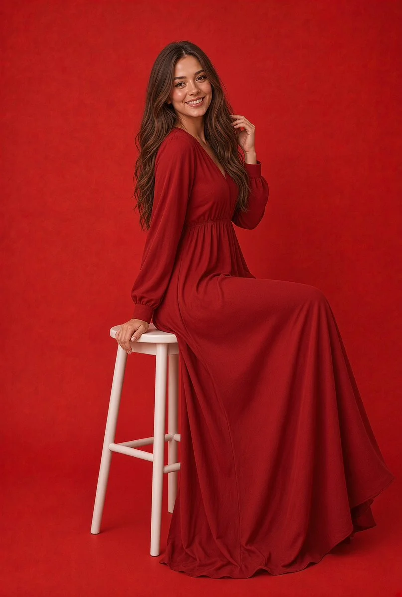 Smiling Woman in Red Dress Poses Gracefully on White Stool