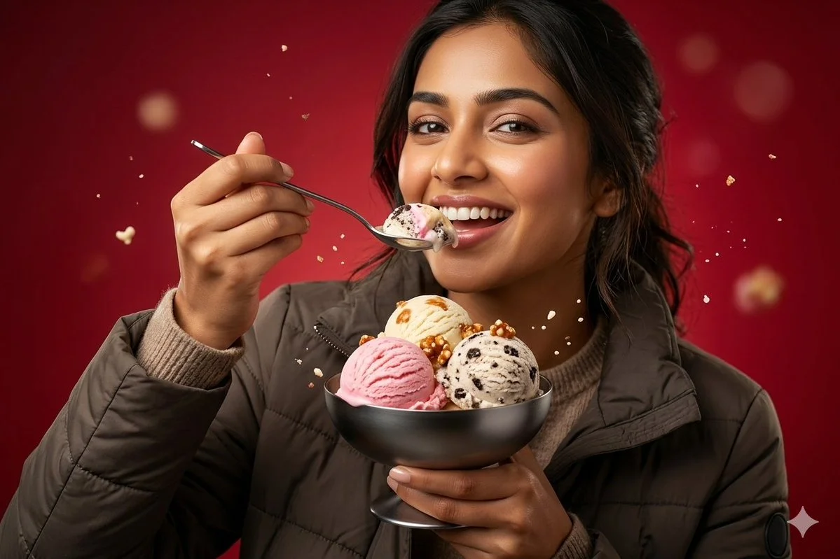 Smiling woman lifts spoonful of ice cream against vibrant red background