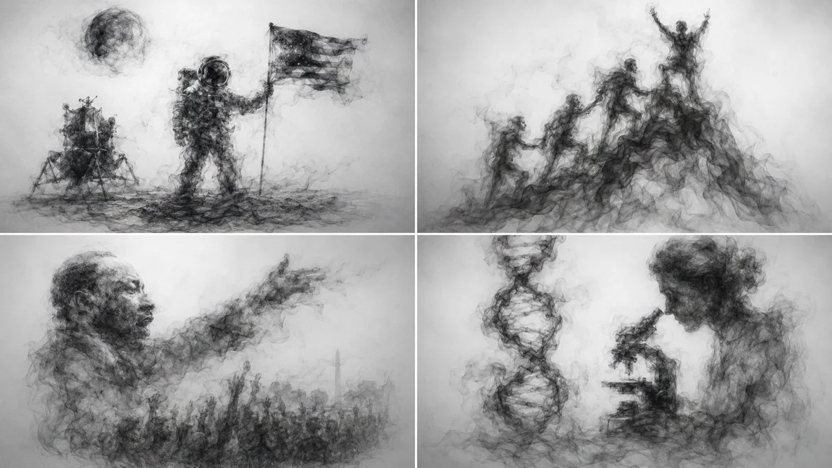Smoke calligraphy depicts moon landing with swirling grey tendrils
