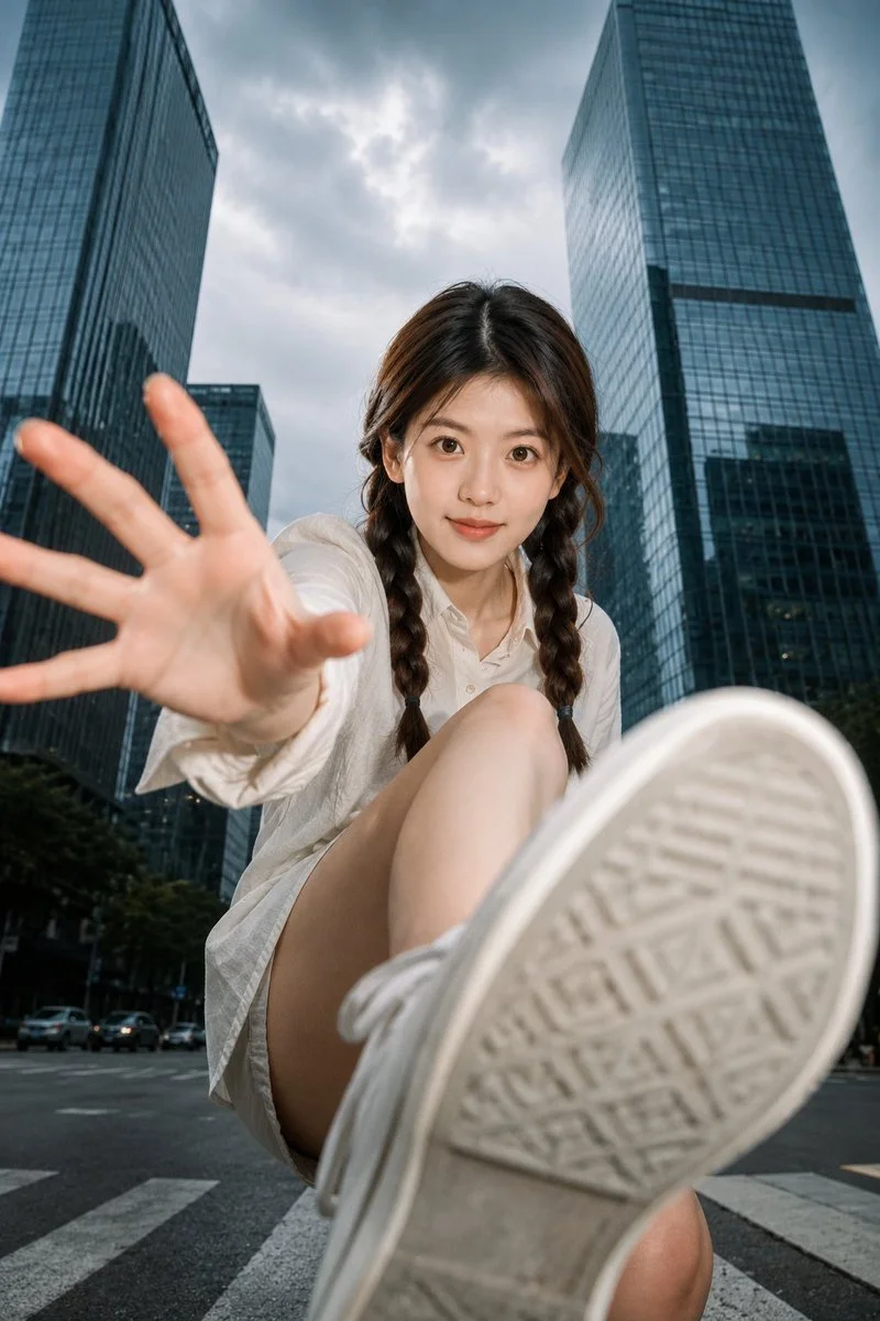 Sneaker dominates foreground as skyscrapers frame crouching figure