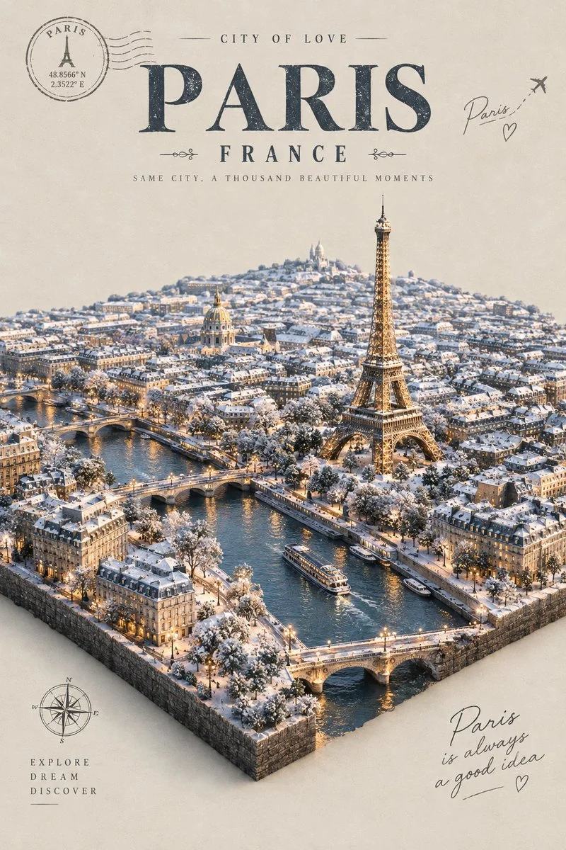 Snowy miniature city diorama glows as a luxury winter escape poster
