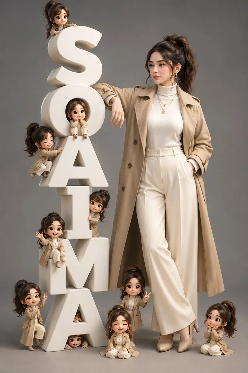 Soaima leans against giant white letters in a fashion poster