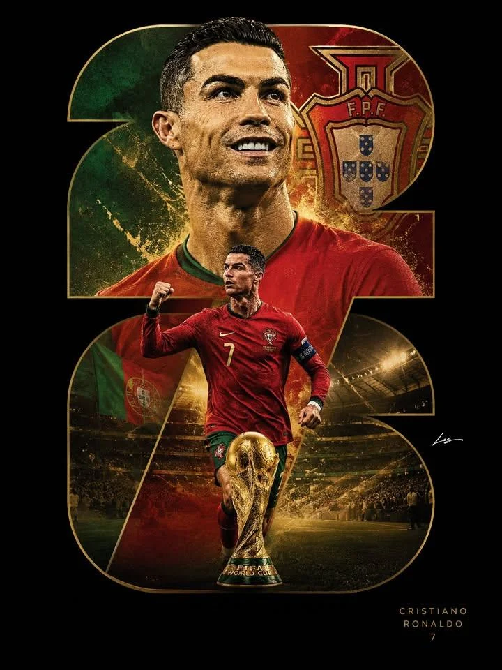 Soccer star smiles in red jersey with golden trophy below