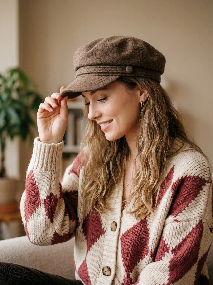 Soft Autumn Portrait of a Young Woman in Textured Knitwear and Wool Cap