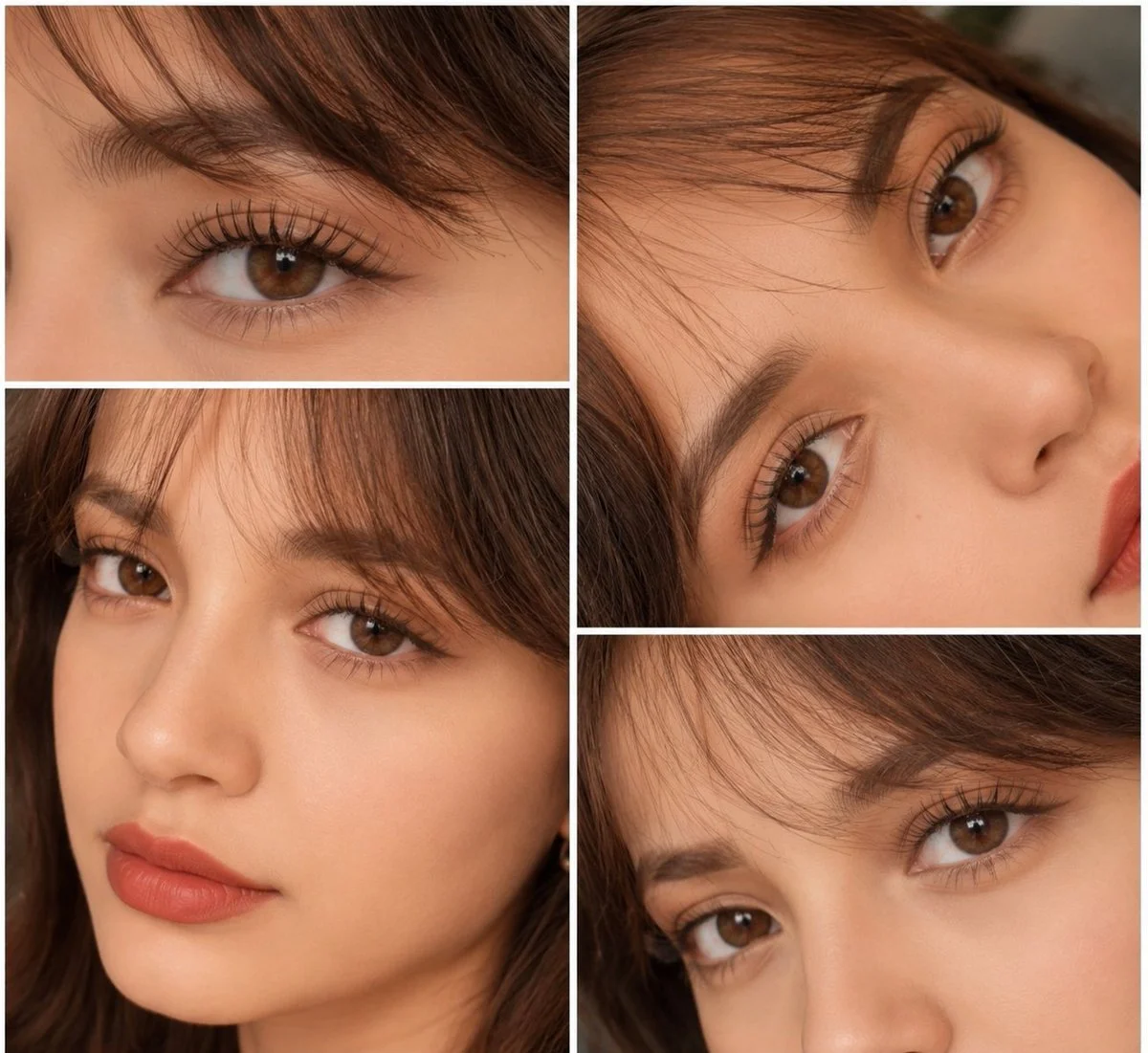 Soft brown eyes and peachy makeup in a four-panel beauty collage