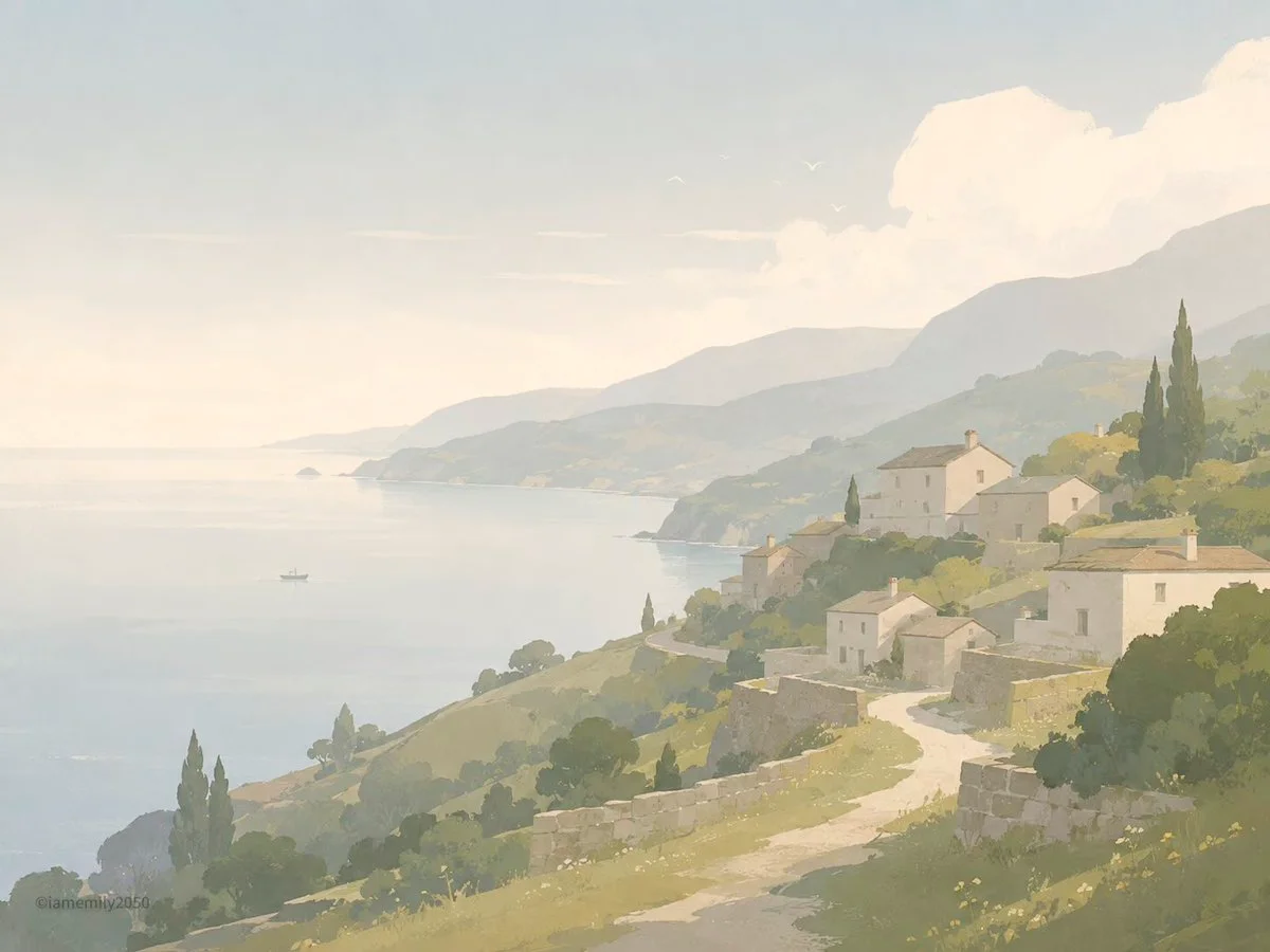 Soft cel shading shapes a calm figure in muted lavender tones