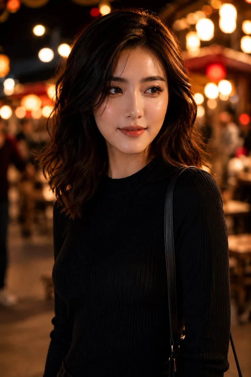 Soft cinematic lighting highlights her collarbones and gentle smile
