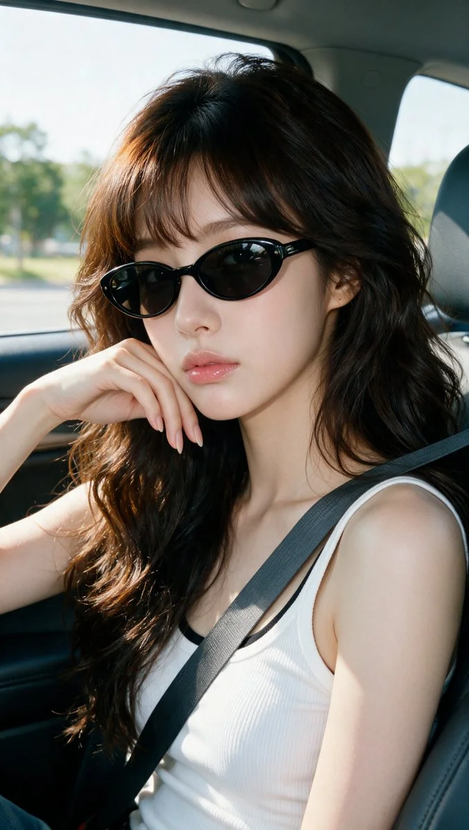 Soft daylight illuminates woman's calm face in car interior