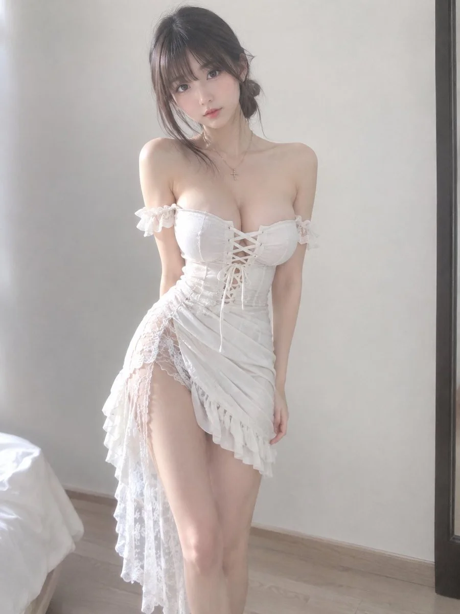 Soft-focus portrait of East Asian woman in white lace dress