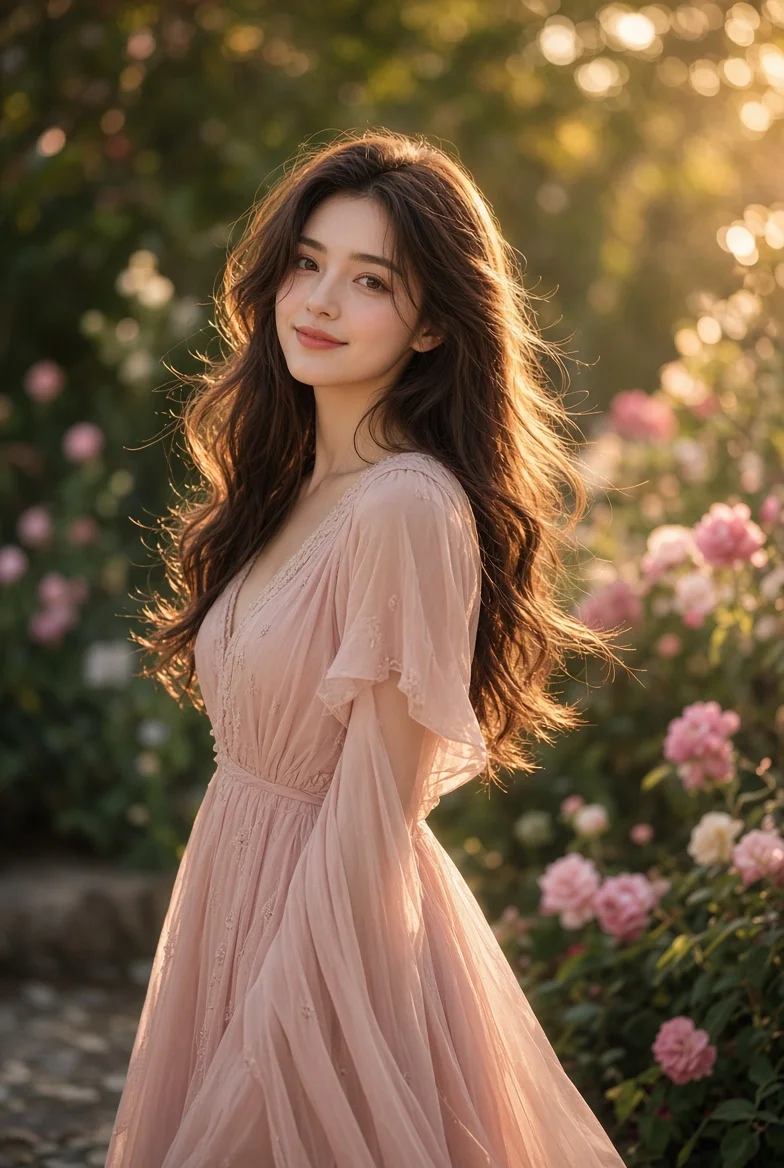 Soft Golden Light Embraces a Smiling Woman Among Roses