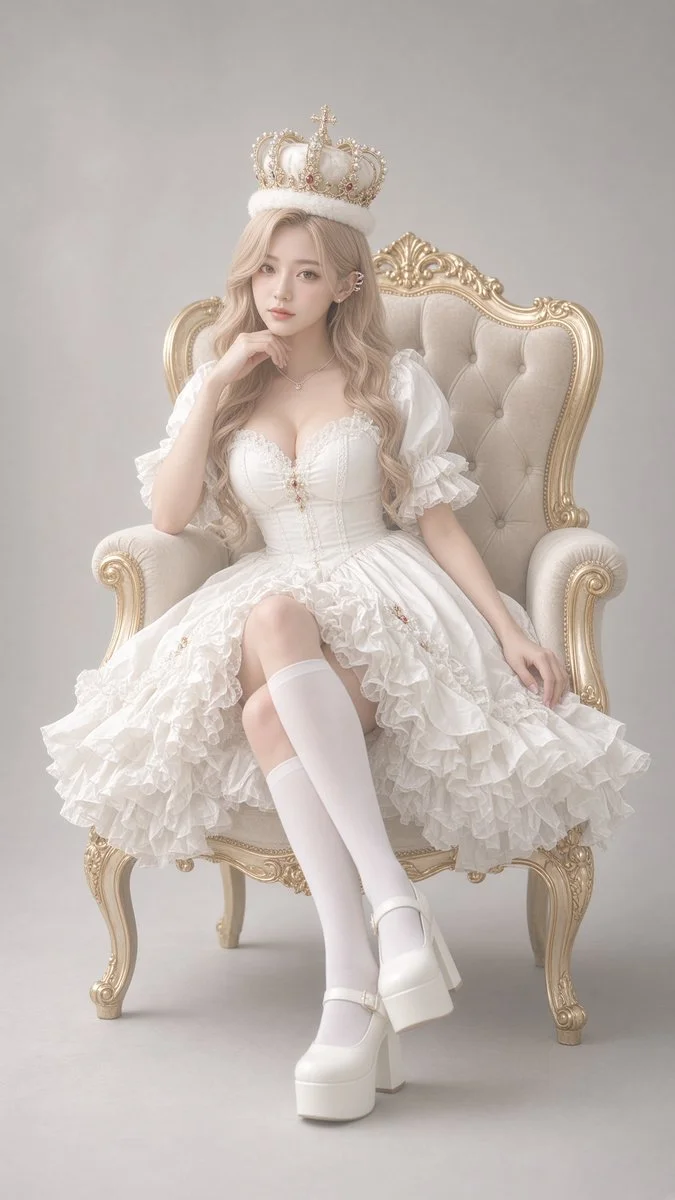 Soft haze portrait of a blonde woman in white Lolita attire