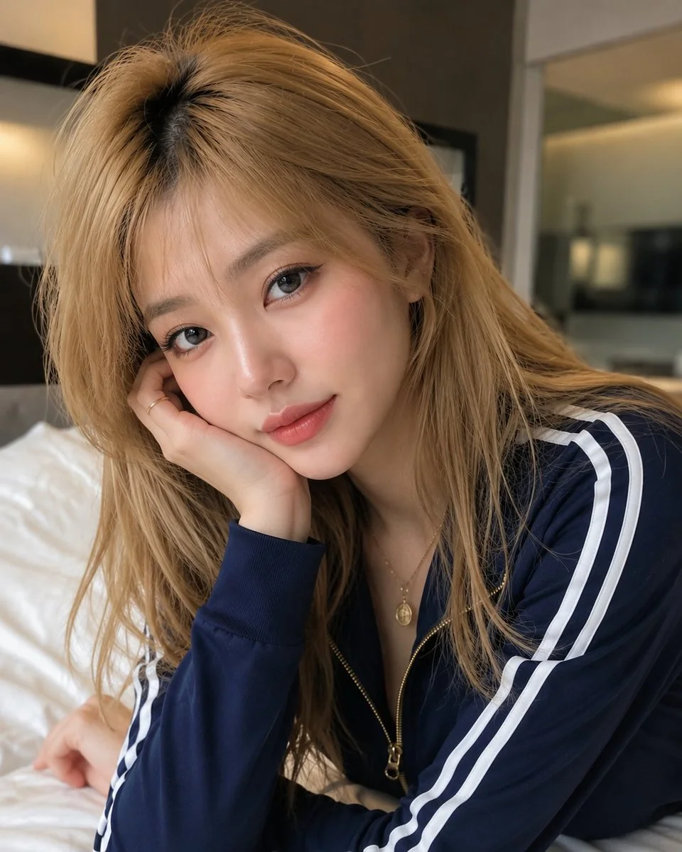 Soft indoor light illuminates woman's fair skin and golden hair
