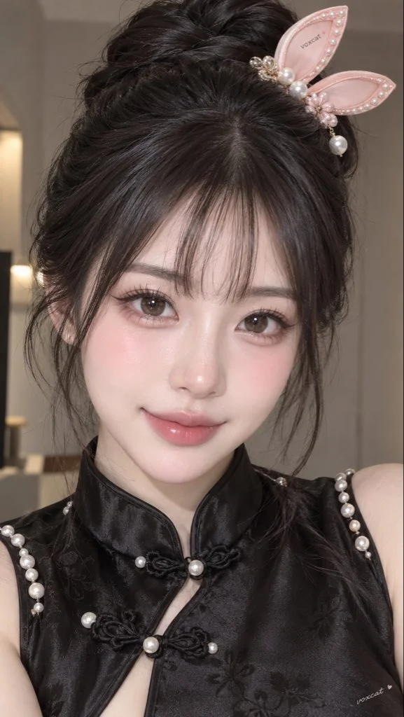 Soft Korean Doll Makeup Portrait of Woman With Bunny Ears