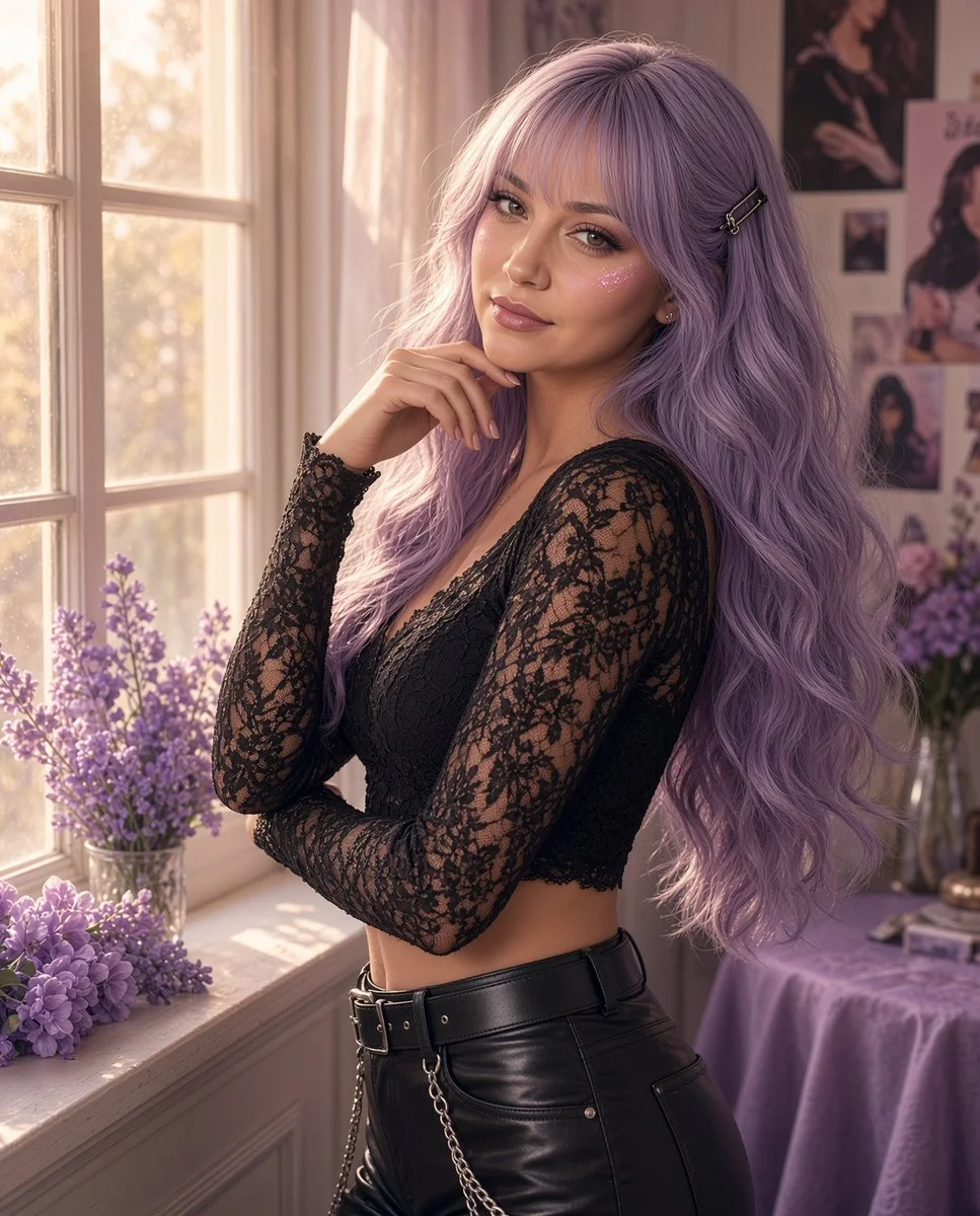 Soft morning light illuminates lavender hair and black lace outfit