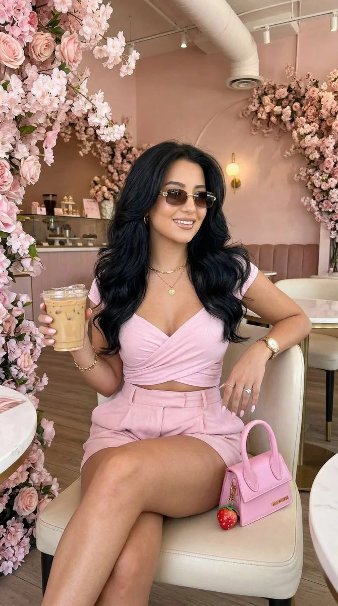 Soft Pink Elegance: Chic Floral Café Fashion Portrait