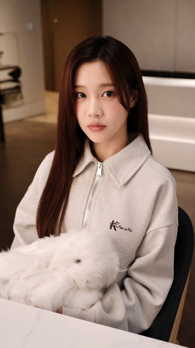Soft portrait of a woman with a bunny, serene cafe mood