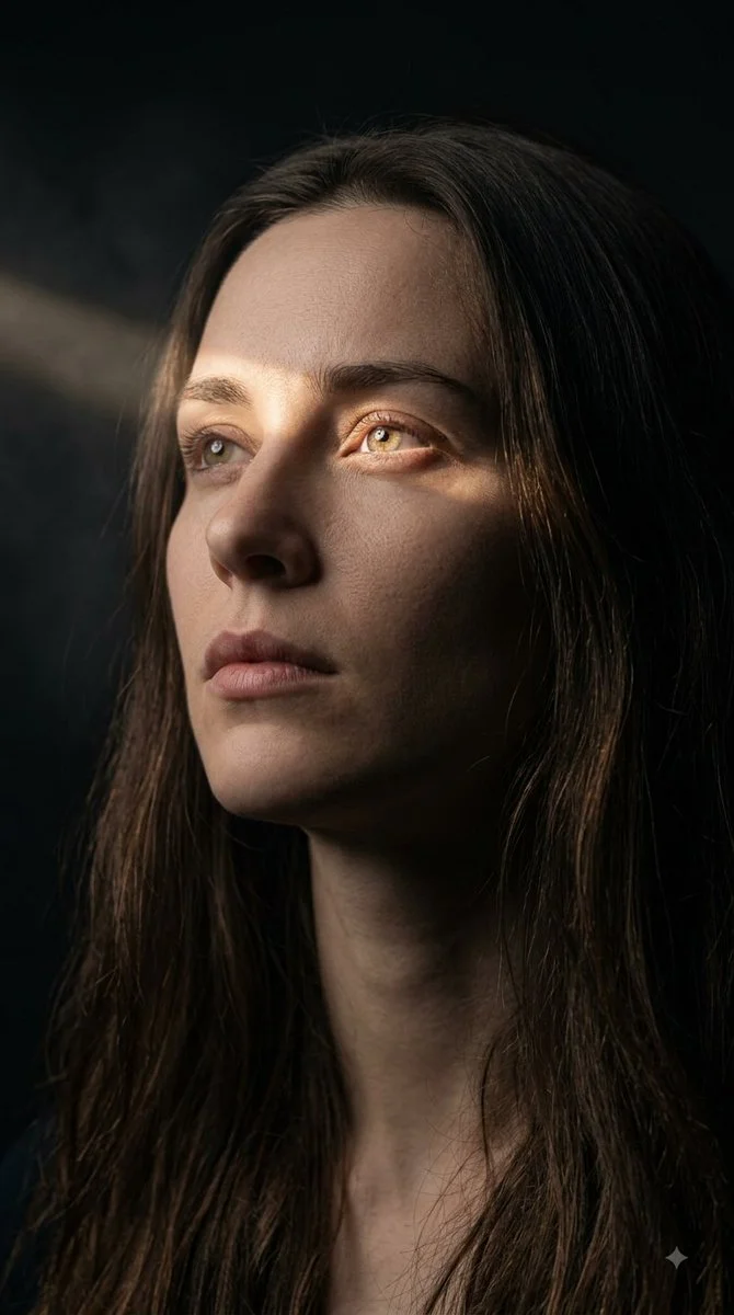Soft shadows frame her upward gaze in dramatic chiaroscuro light