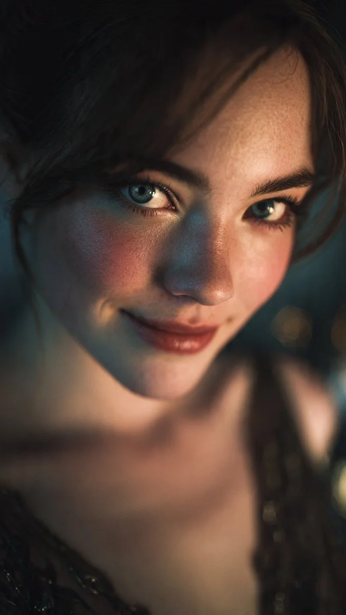 Soft smile and freckles emerge from warm cinematic darkness