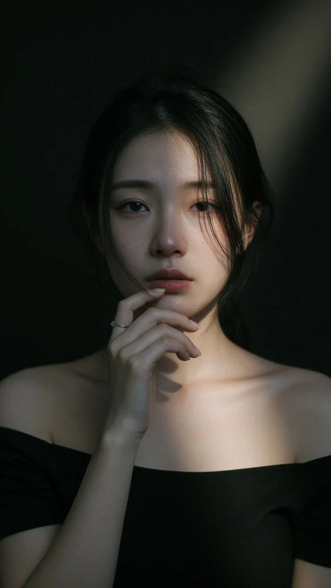 Soft spotlight reveals subtle melancholy on a model's elegant face