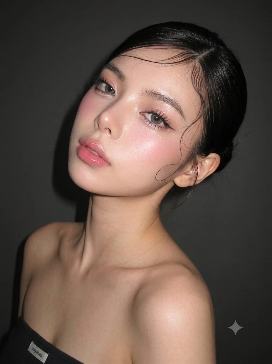 Soft sultry portrait with glass skin and tilted chin