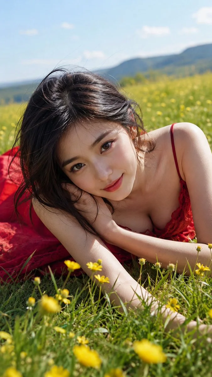 Soft sunlight illuminates her face as she gazes at the camera