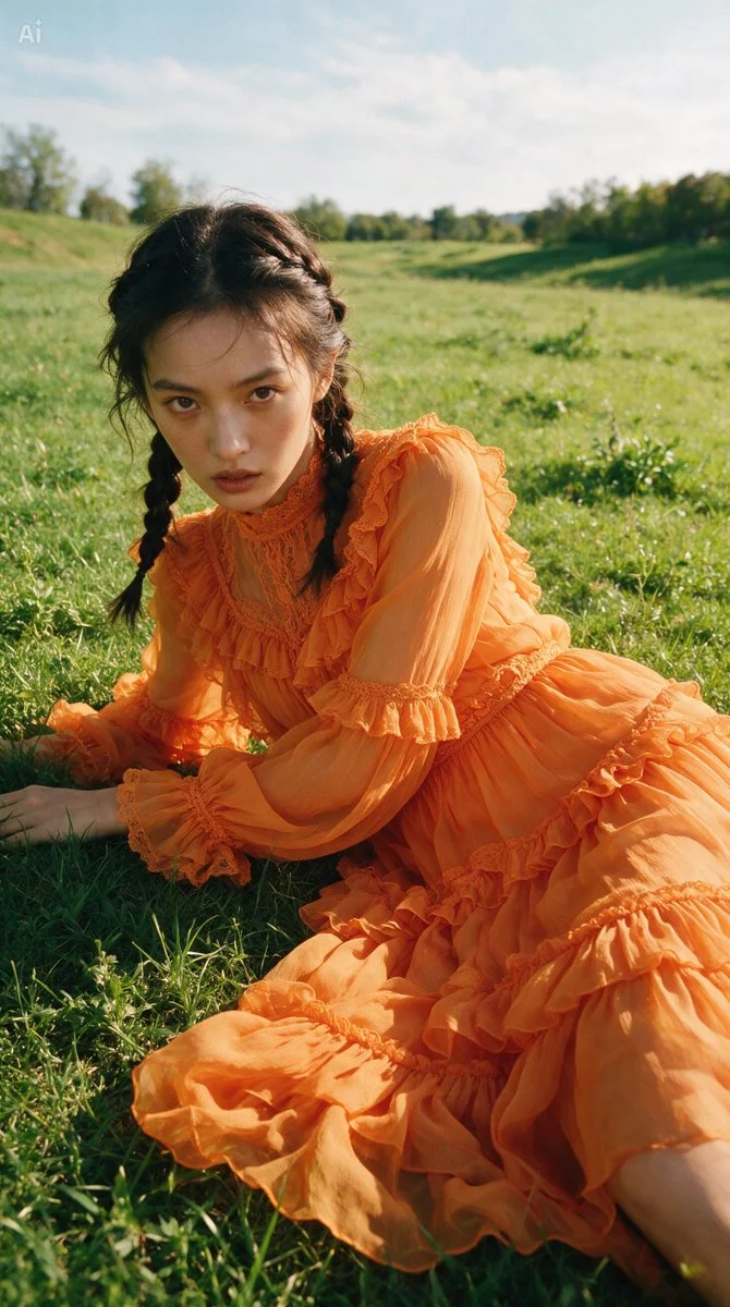 Soft sunlight illuminates her intense gaze and ruffled dress