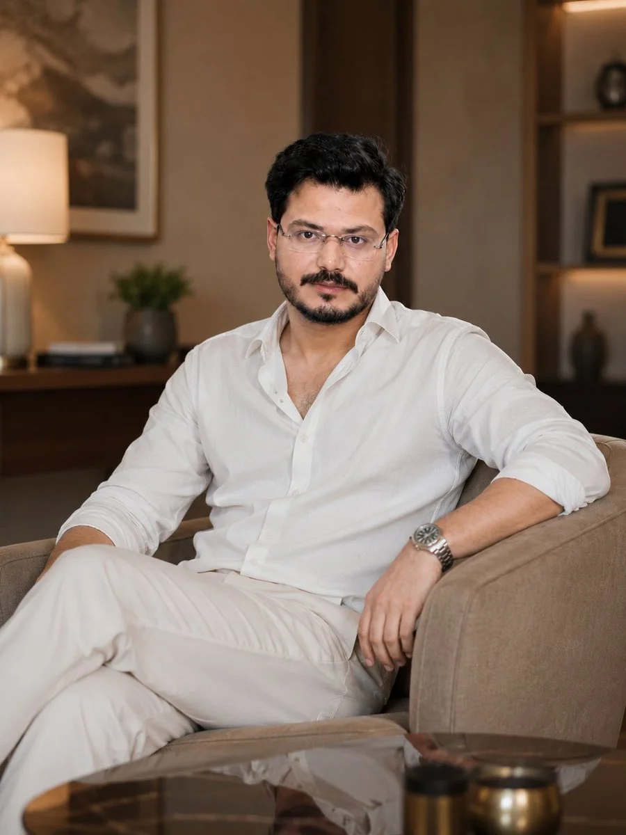 Soft warm lighting illuminates a man in a white button-up shirt indoors.