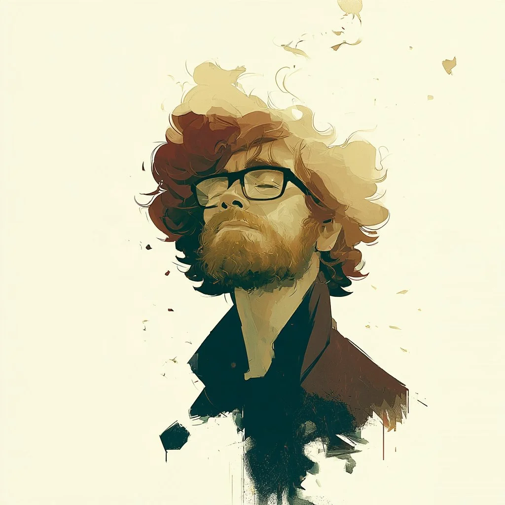 Solitary character stands amid fragmented brushwork and quiet negative space