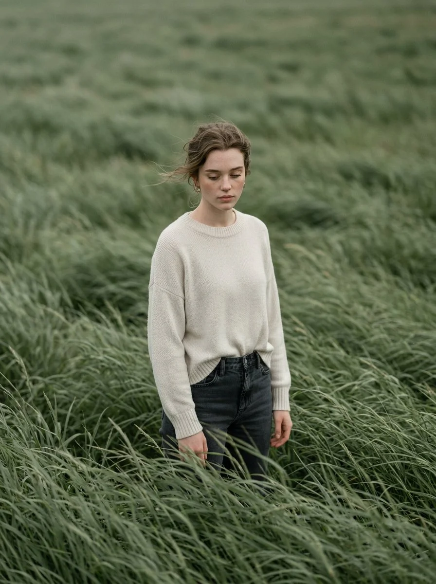 Solitary Figure Amid Sage Green Waves of Wind-Swept Grass