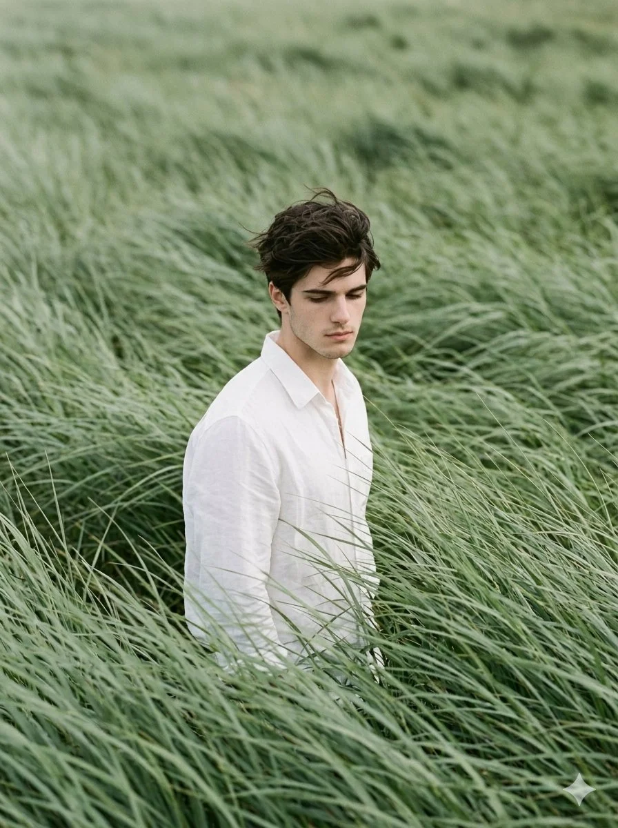 Solitary Figure Amidst Rolling Sage Green Waves