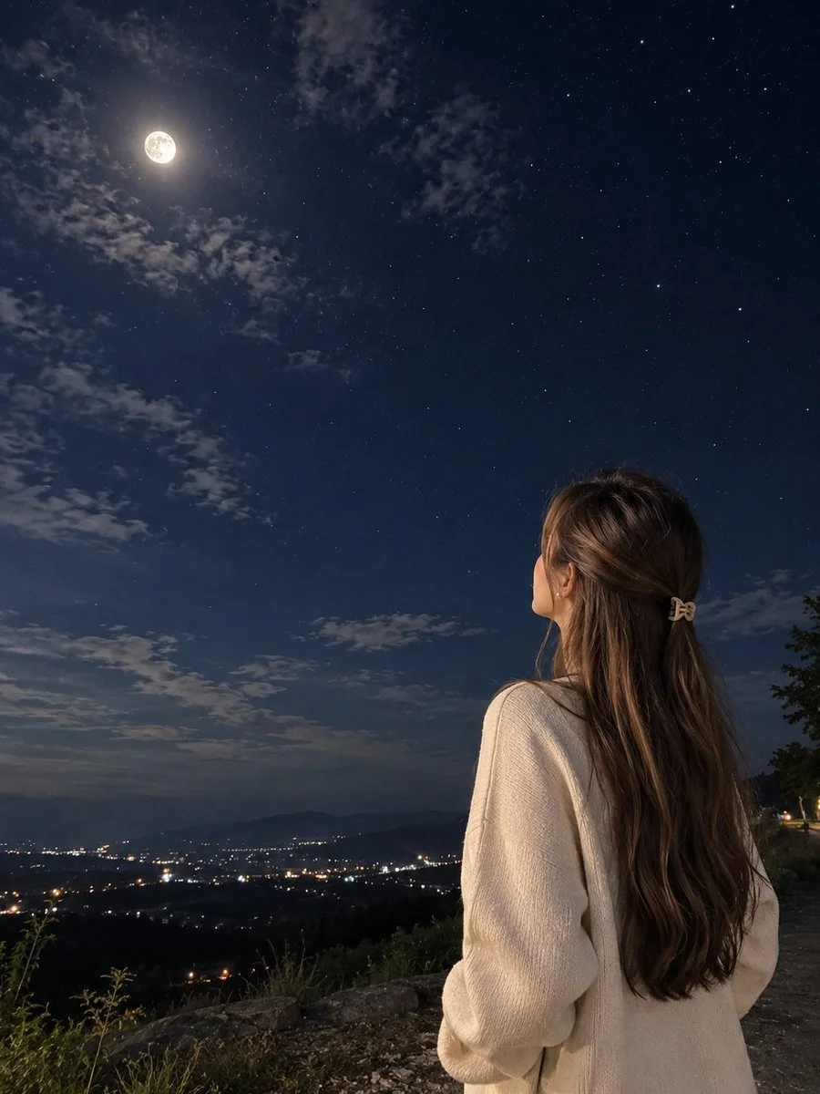 Solitary Figure Gazing at Starry Night Sky from Below