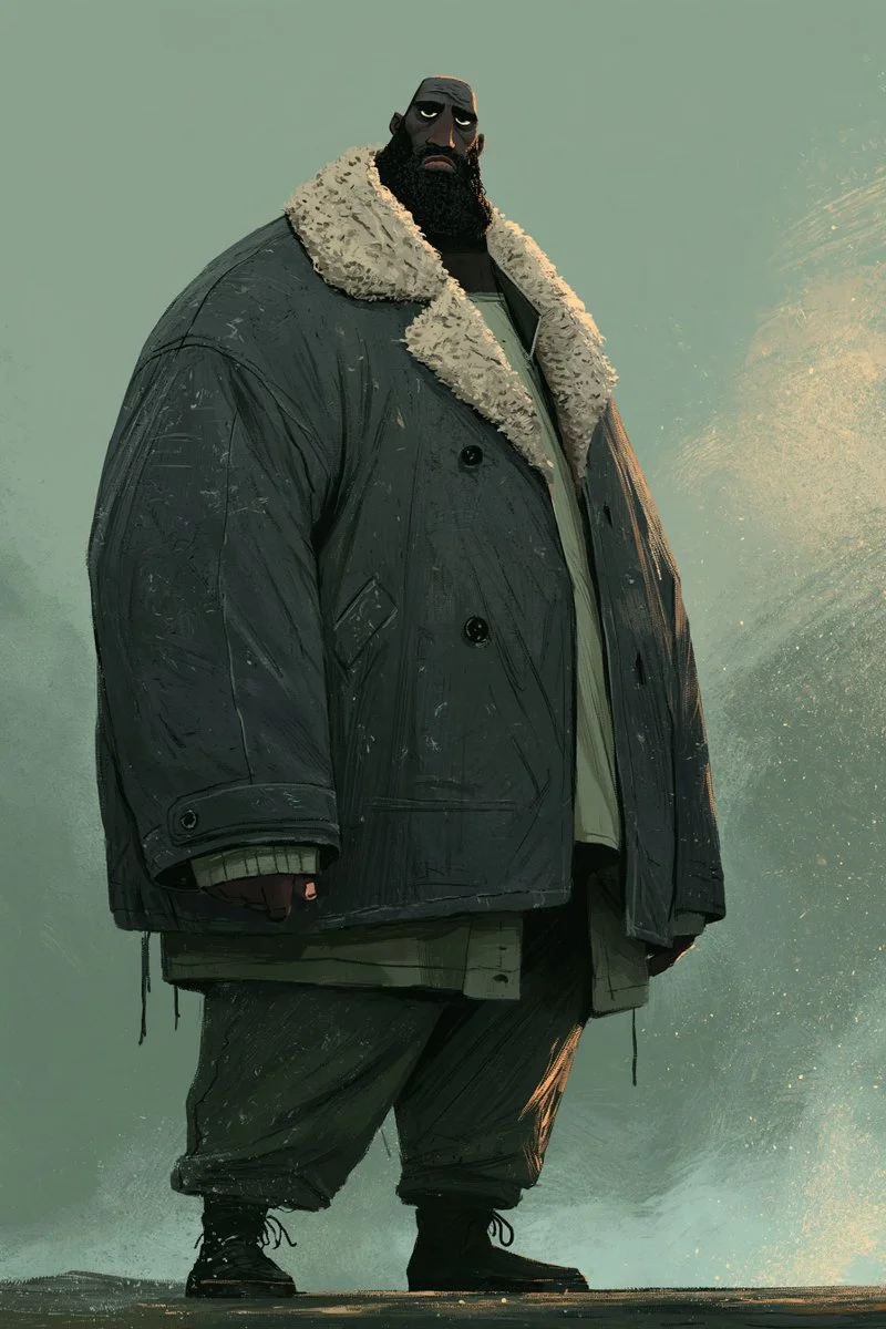 Solitary figure in layered clothing stands against muted painterly backdrop