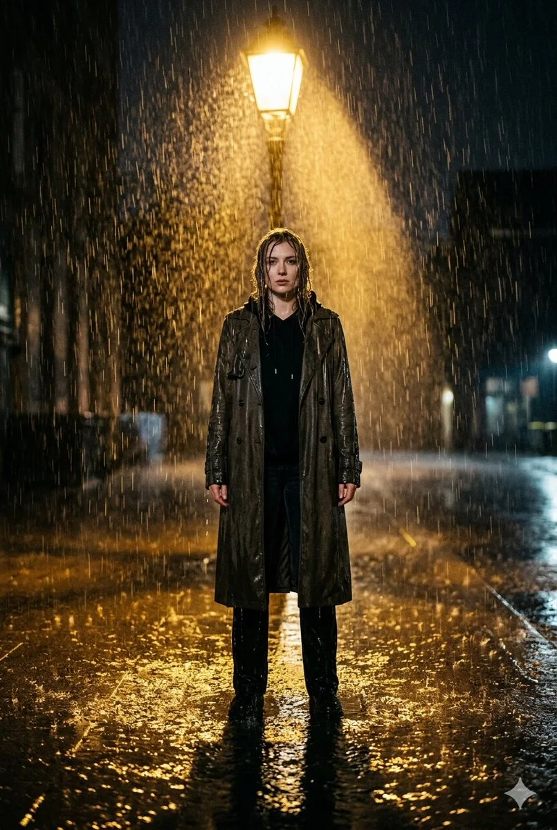Solitary Figure Under Amber Glow on Rain-Soaked Street