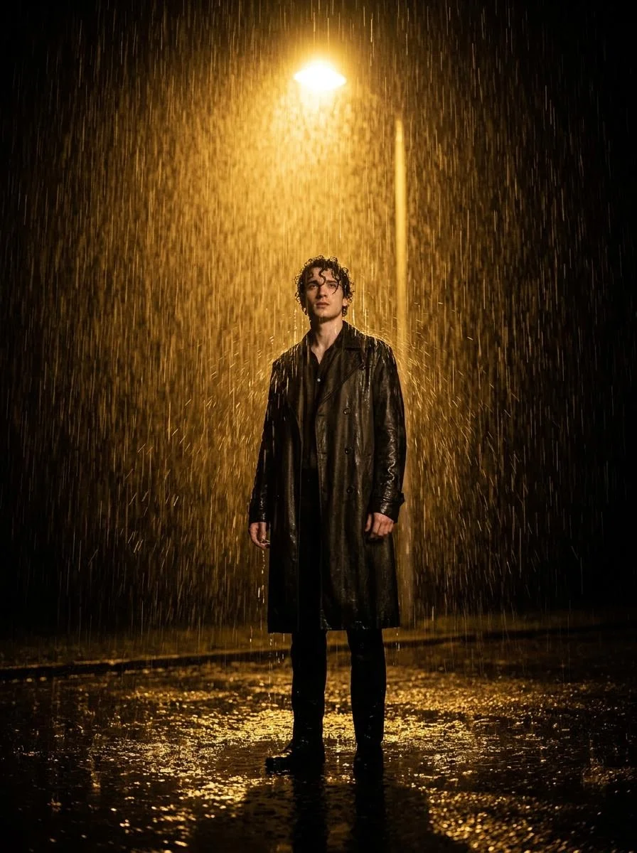 Solitary Figure Under Golden Streetlight in Torrential Rain