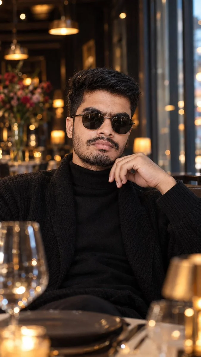 Solitary Man in Black Turtleneck at Dimly Lit Café