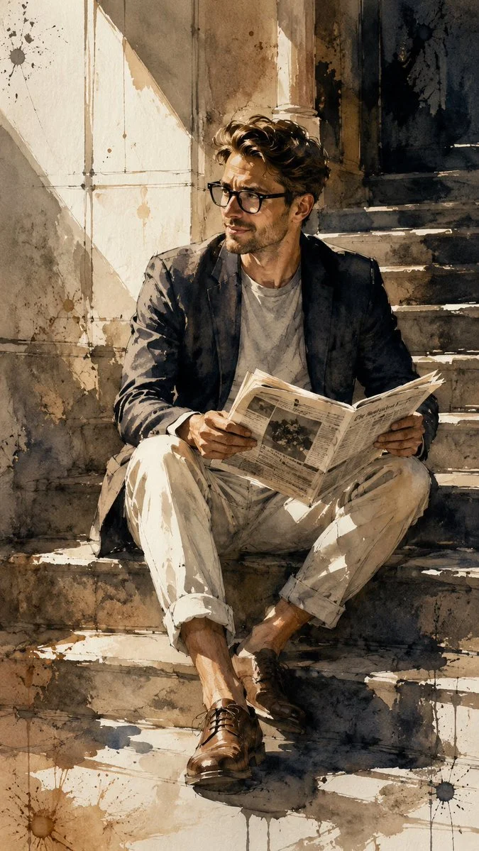 Solitary man reads newspaper on sunlit stone steps